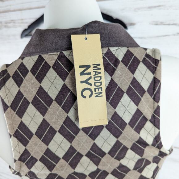 Madden NYC Argyle Print Brown Sleeveless Knit Dress Sz Medium New with Tags - Picture 2 of 7